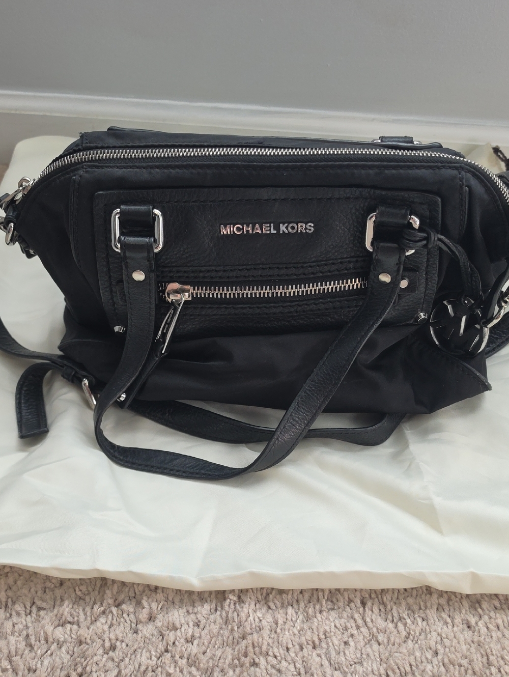 Michael Kors Black Leather-Trim Satchel with Silver Hardware